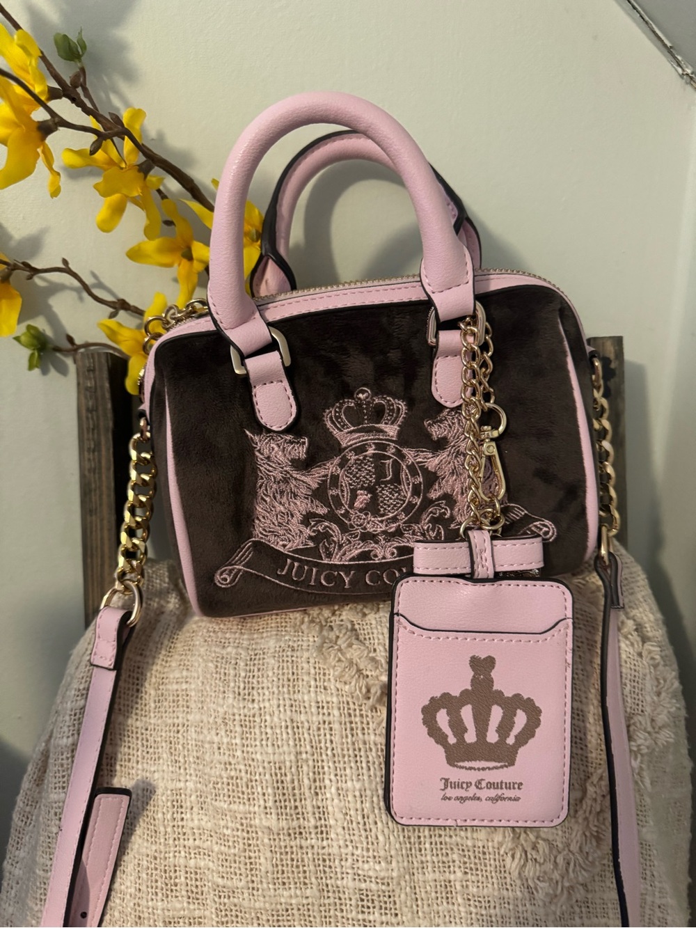Juicy Couture Pink & Brown Velvet Satchel with Chain Strap